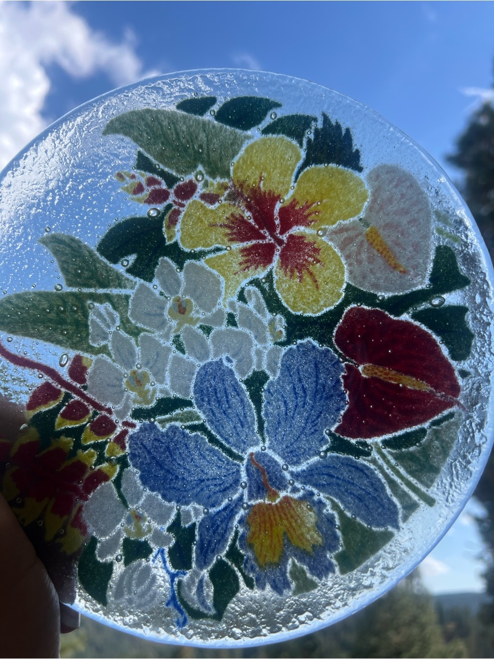 Peggy Karr 11" Fused Glass Plate Signed Tropical Floral Red Blue Yellow